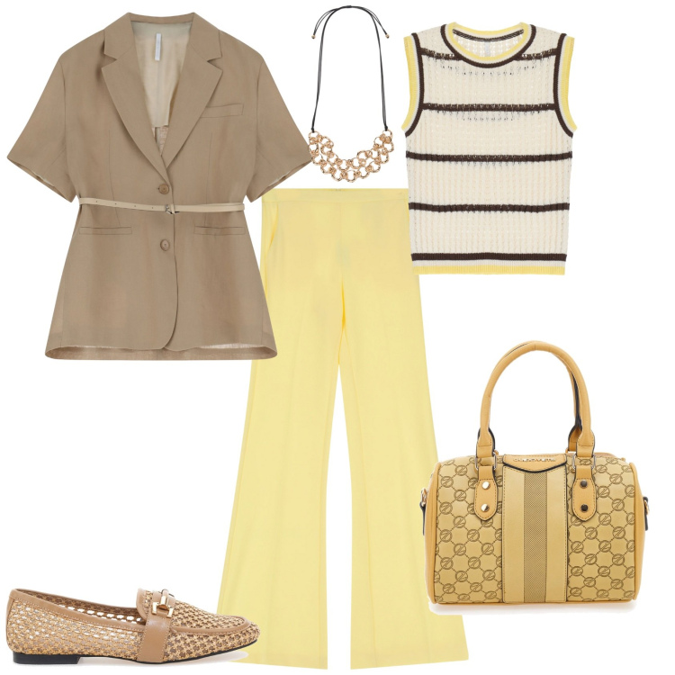 Outfit donna - Settembre. Stile Trendy per Tutti i giorni. Abbinamento con blazer, pantaloni, top, mocassini, collane, borse a spalla.