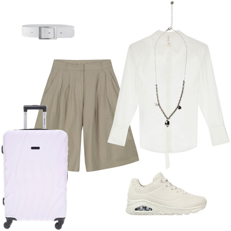 Outfit donna - Total look #2230132. Stile Minimal per Mare. Abbinamento con cinture, camicie, ciondoli, bermuda, sneakers, valigie.