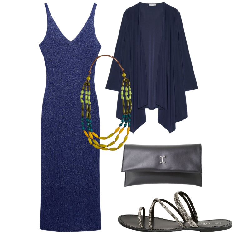 Outfit donna - Una festa in spiaggia. Stile Casual chic per Serata fuori. Abbinamento con vestiti lunghi, sandali, pochette, collane, blazer.