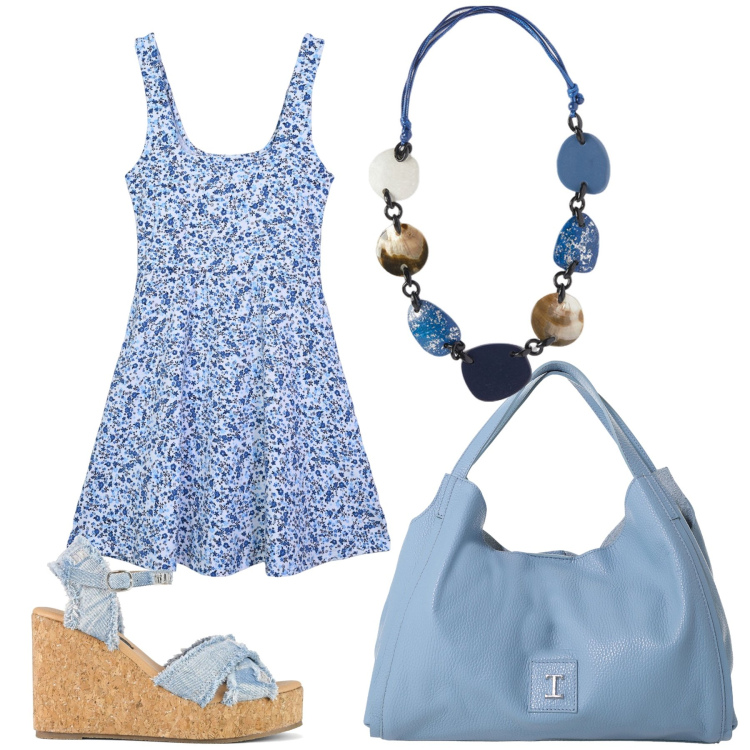 Outfit donna - Total look #2230134. Stile Casual per Mare. Abbinamento con vestiti corti, pochette, zeppe, collane.