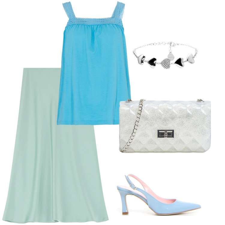 Outfit donna - I riflessi dell\'acqua. Stile Casual chic per Tutti i giorni. Abbinamento con top, borse a tracolla, gonne longuette, braccialetti, décolleté.