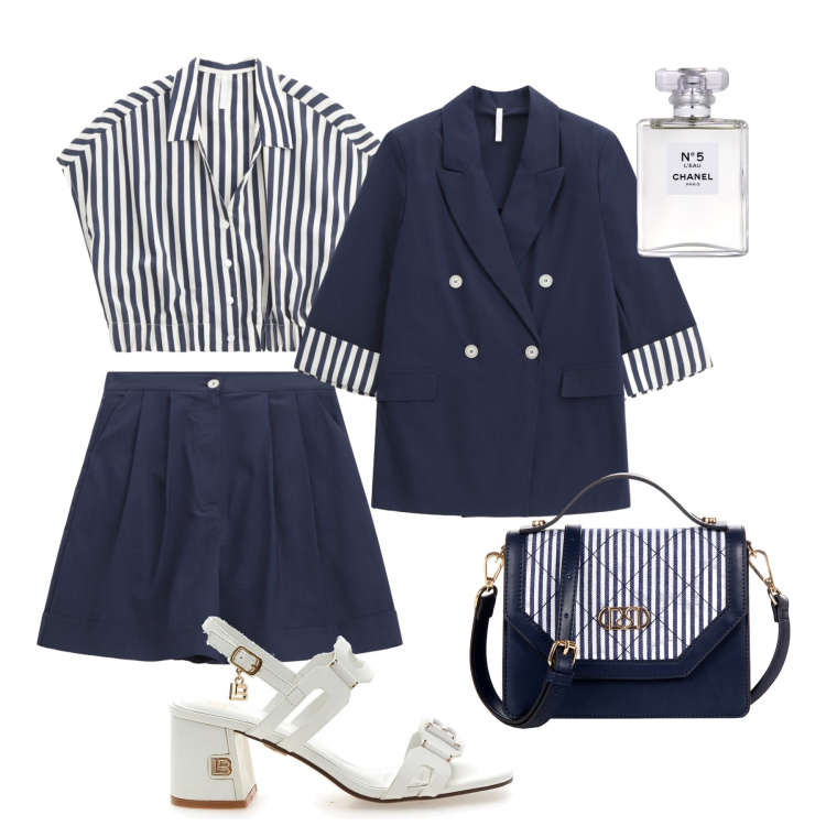 Outfit donna - Eleganza marine informale. Stile Casual chic per Serata fuori. Abbinamento con profumi, borse a mano, blazer, camicie a manica corta, shorts, sandali col tacco.