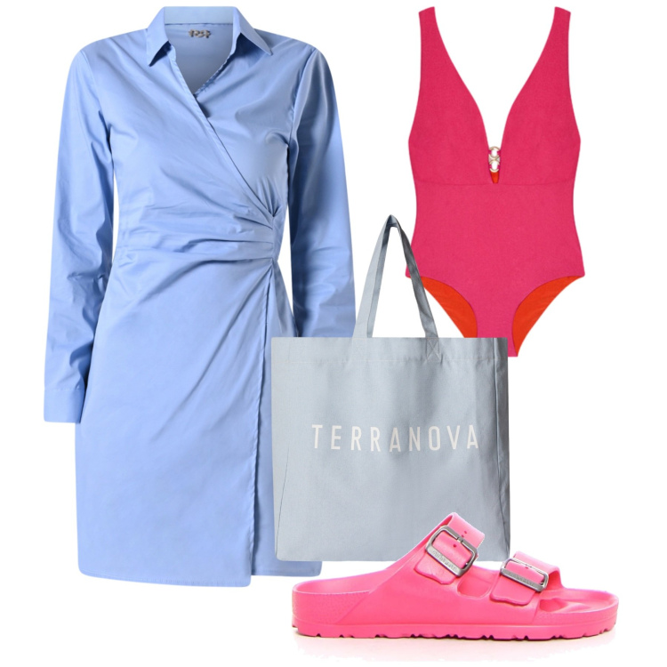 Outfit donna - Abito chemisier in cotone. Stile Chic per Mare. Abbinamento con borse tote, vestiti chemisier, costumi interi, ciabatte.