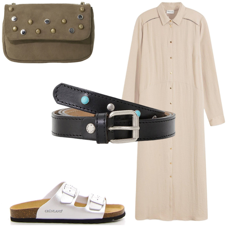 Outfit donna - Abito chemisier in cotone. Stile Chic per Tutti i giorni. Abbinamento con vestiti chemisier, borse a tracolla, cinture, ciabatte.