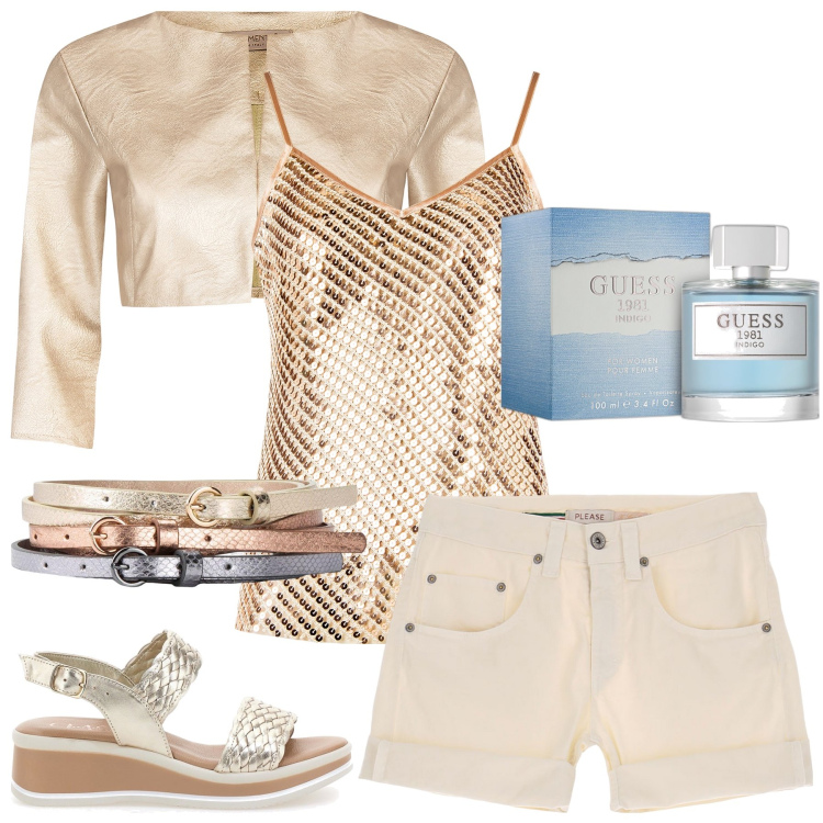Outfit donna - Gold night. Stile Trendy per Mare. Abbinamento con cinture, profumi, bolero, canottiere, shorts, sandali.