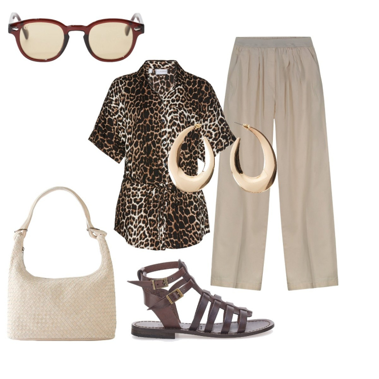 Outfit donna - In città. Stile Chic per Tutti i giorni. Abbinamento con orecchini, shopping bag, camicie a manica corta, occhiali da sole, sandali alla schiava, pantaloni.