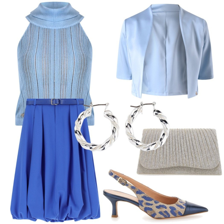 Outfit donna - Cerimonia in azzurro. Stile Chic per Cerimonia. Abbinamento con orecchini, bolero, top, gonne longuette, décolleté, clutch.