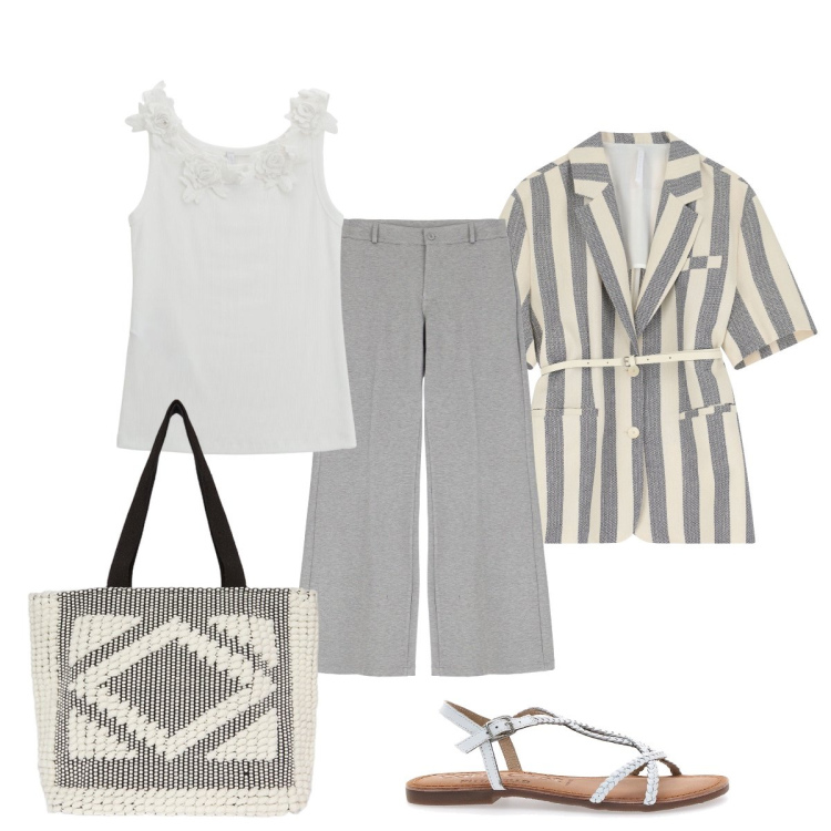 Outfit donna - Blazer a righe. Stile Minimal per Tutti i giorni. Abbinamento con pantaloni a palazzo, blazer, top, sandali in pelle, shopping bag.