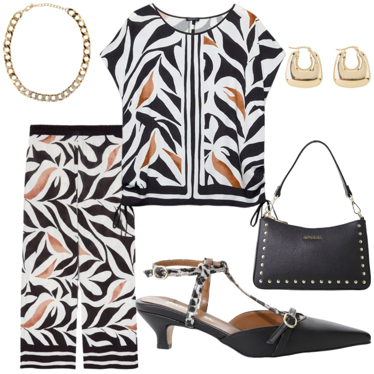 Outfit donna - Una cena con amici. Stile Casual per Tutti i giorni. Abbinamento con orecchini, collane, décolleté, borse a spalla, bluse, pantaloni.