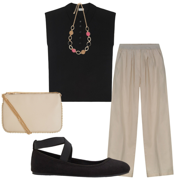 Outfit donna - Intramontabile ballerina. Stile Casual chic per Ufficio. Abbinamento con ballerine, borse a tracolla, pantaloni, collane, polo.