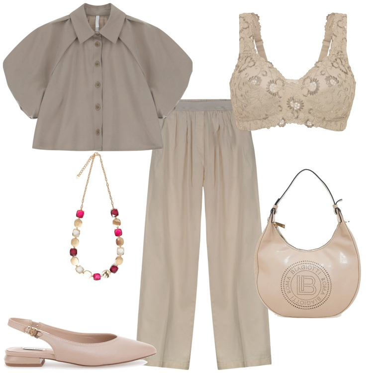 Outfit donna - Settembre. Stile Minimal per Tutti i giorni. Abbinamento con reggiseni, camicie a manica corta, borse a spalla, collane, ballerine, pantaloni.