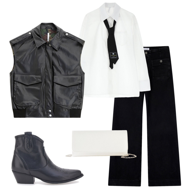Outfit donna - Black and White. Stile Glamour per Serata fuori. Abbinamento con pochette, jeans, camicie, gilet, stivaletti texani.