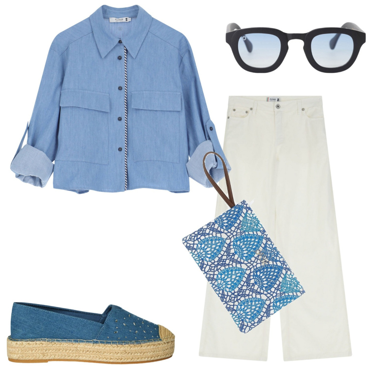 Outfit donna - In città. Stile Casual chic per Tutti i giorni. Abbinamento con espadrillas, pantaloni a palazzo, camicie, occhiali da sole, pochette.