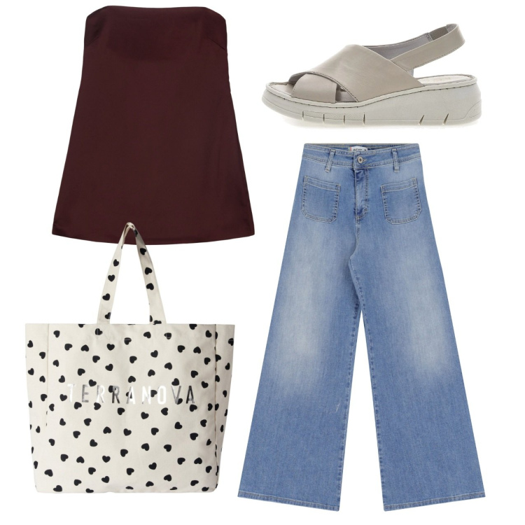 Outfit donna - City. Stile Casual per Tutti i giorni. Abbinamento con borse tote, jeans, top, sandali.