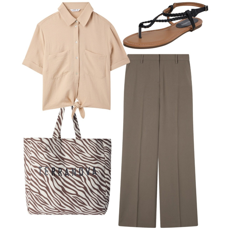 Outfit donna - In ufficio. Stile Bon Ton per Ufficio. Abbinamento con pantaloni a palazzo, camicie a manica corta, ciabatte, borse tote.
