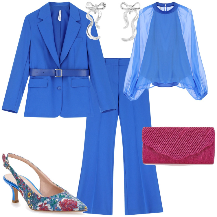 Outfit donna - Settembre. Stile Chic per Serata fuori. Abbinamento con orecchini, blazer, camicie, pantaloni, décolleté, borse a tracolla.