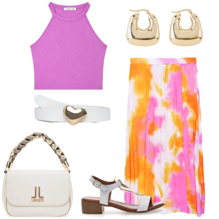 Outfit donna - Pomeriggio con le amiche. Stile Casual chic per Tutti i giorni. Abbinamento con orecchini, canottiere, cinture, gonne lunghe, sandali in pelle, borse a tracolla.