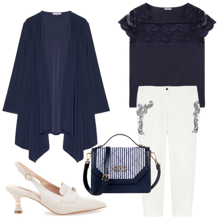 Outfit donna - Invito elegante. Stile Chic per Serata fuori. Abbinamento con borse a mano, pantaloni, blazer, décolleté, t-shirt.