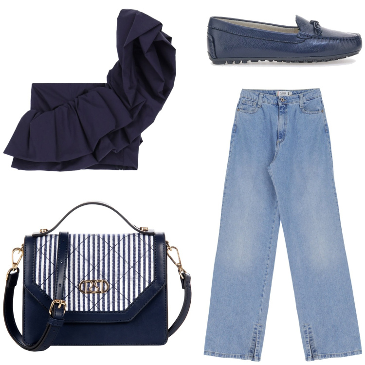 Outfit donna - The art of the denim. Stile Casual chic per Tutti i giorni. Abbinamento con borse a mano, jeans, top, mocassini.