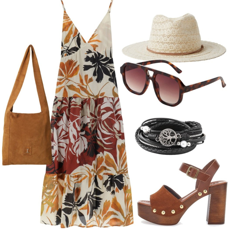 Outfit donna - Vacanze in Toscana. Stile Casual chic per Tutti i giorni. Abbinamento con braccialetti, occhiali da sole, cappelli, vestiti lunghi, borse a tracolla, sandali col tacco.