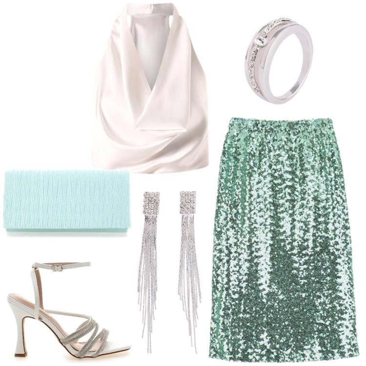 Outfit donna - Serata scintillante. Stile Glamour per Serata fuori. Abbinamento con orecchini, anelli, top, gonne longuette, sandali gioiello, pochette.