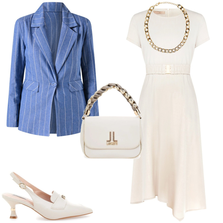 Outfit donna - Settembre. Stile Bon Ton per Tutti i giorni. Abbinamento con collane, vestiti, blazer, borse a tracolla, décolleté.