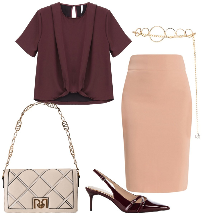 Outfit donna - Pomeriggio chic. Stile Chic per Tutti i giorni. Abbinamento con gonne, cinture, décolleté, borse a tracolla, bluse.