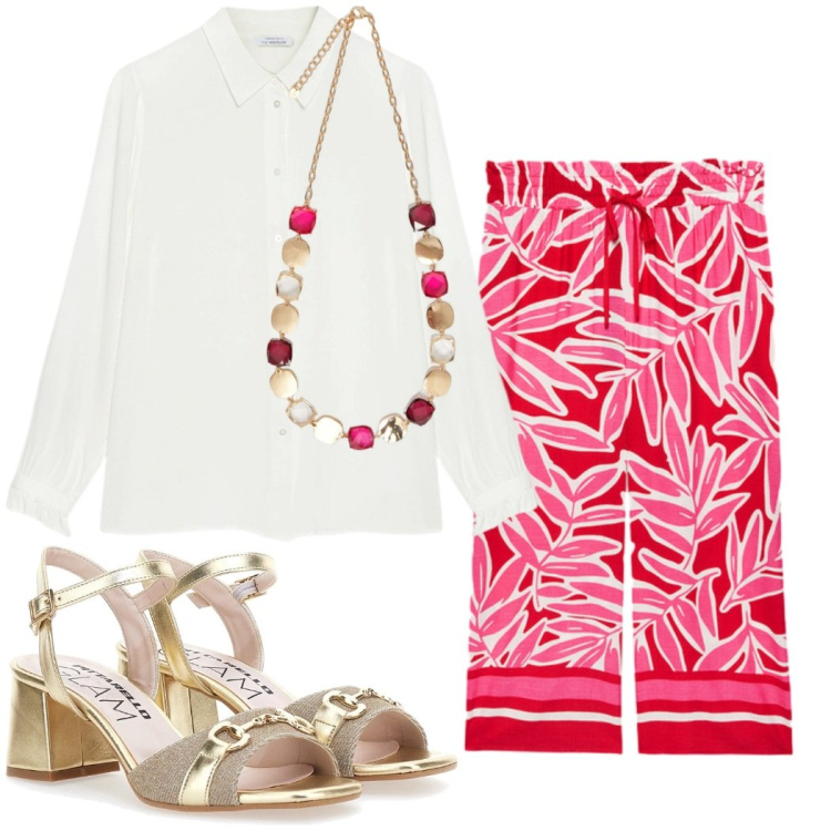 Outfit donna - Total look #2230211. Stile Casual chic per Serata fuori. Abbinamento con pantaloni a palazzo, camicie, collane, sandali col tacco.