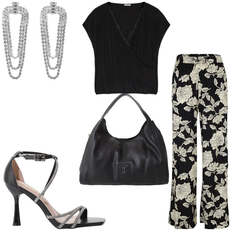 Outfit donna - Total look #2230215. Stile Casual chic per Serata fuori. Abbinamento con pantaloni a palazzo, orecchini, sandali col tacco, pochette, bluse.