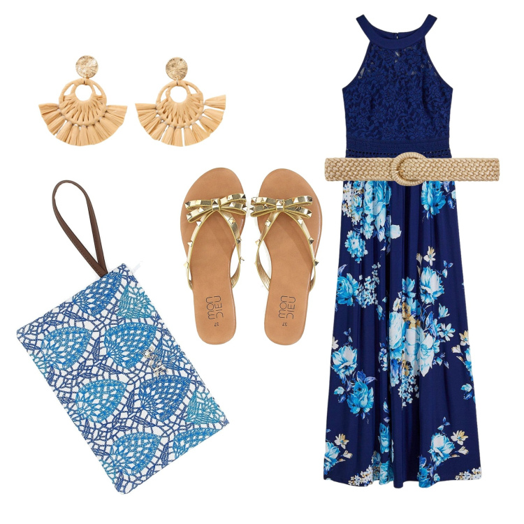 Outfit donna - L\'essenziale. Stile Casual chic per Mare. Abbinamento con vestiti lunghi, orecchini, cinture, infradito, pochette.
