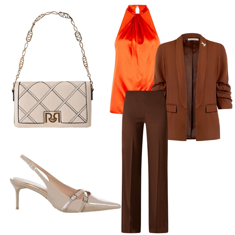 Outfit donna - Tono su tono in ufficio. Stile Bon Ton per Ufficio. Abbinamento con pantaloni a palazzo, borse a tracolla, décolleté, blazer, top.
