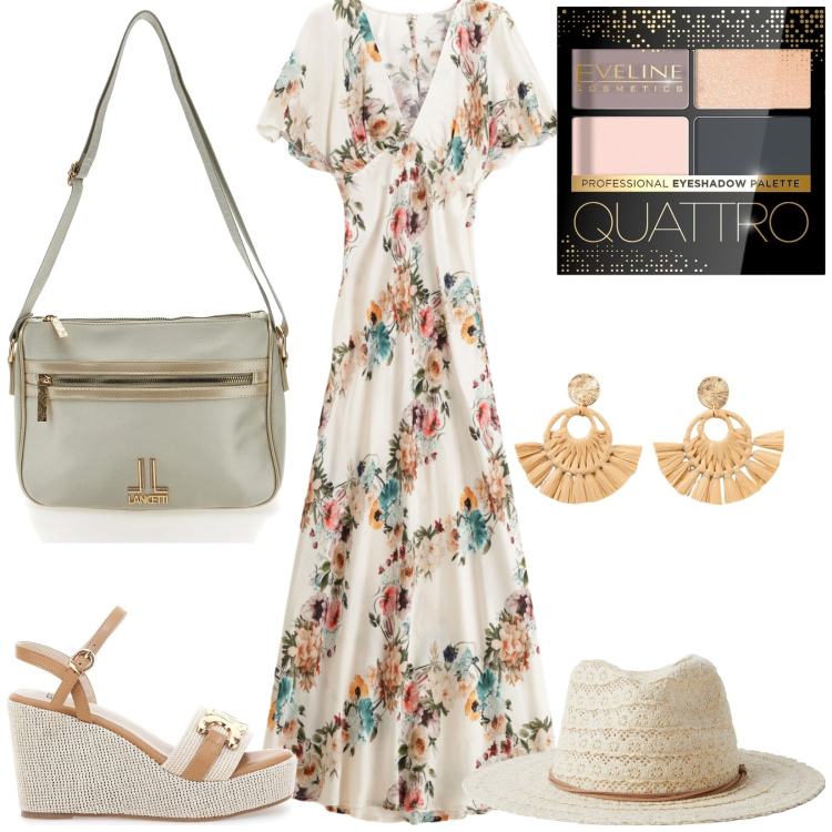 Outfit donna - Total look #2230220. Stile Romantica per Tutti i giorni. Abbinamento con orecchini, ombretti, cappelli, vestiti lunghi, zeppe, borse a tracolla.