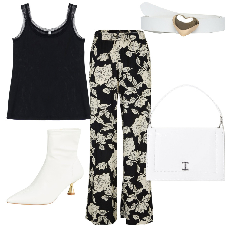 Outfit donna - Rose in bianco. Stile Casual per Tutti i giorni. Abbinamento con pantaloni a palazzo, stivaletti, cinture, borse a tracolla, canottiere.
