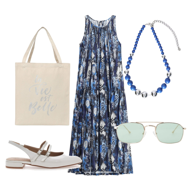 Outfit donna - In leggerezza. Stile Casual per Tutti i giorni. Abbinamento con borse tote, vestiti lunghi, occhiali da sole, ballerine, collane.