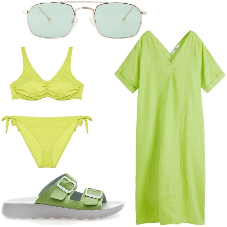 Outfit donna - Il mare a Settembre. Stile Casual per Mare. Abbinamento con caftani, occhiali da sole, bikini, ciabatte.