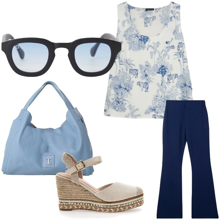 Outfit donna - Agosto con semplicita´. Stile Chic per Tutti i giorni. Abbinamento con pantaloni, occhiali da sole, pochette, top, zeppe.