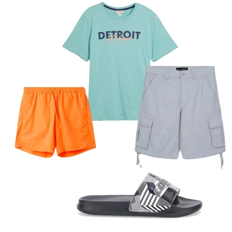 Outfit uomo - Total look #2230244. Stile Casual per Mare. Abbinamento con t-shirt, bermuda, costumi, sandali.