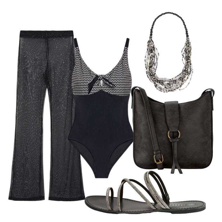 Outfit donna - Al mare 25. Stile Minimal per Mare. Abbinamento con borse a tracolla, vestiti da spiaggia, sandali, costumi interi, collane.
