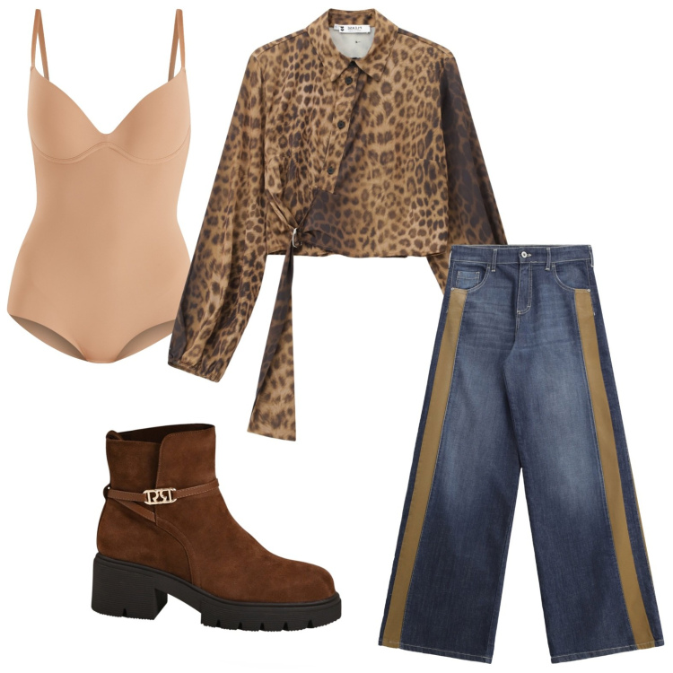 Outfit donna - Eleganza animalier. Stile Minimal per Serata fuori. Abbinamento con body, stivaletti, jeans a zampa, camicie.