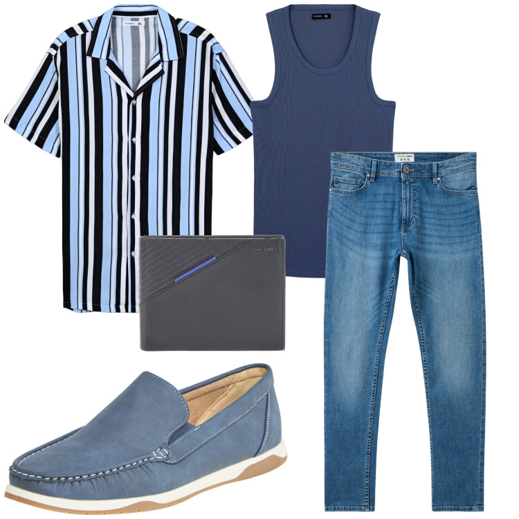Outfit uomo - Total look #2230251. Stile Casual per Tutti i giorni. Abbinamento con camicie a manica corta, scarpe stringate, jeans skinny, canottiere, portafogli.