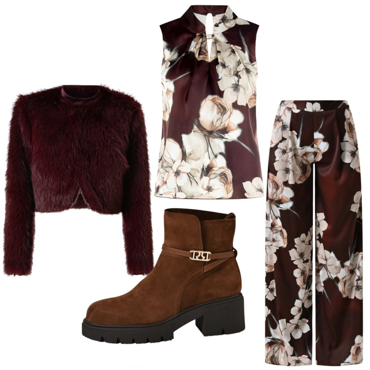 Outfit donna - Top in raso. Stile Minimal per Serata fuori. Abbinamento con pantaloni a palazzo, top, blazer, stivaletti.