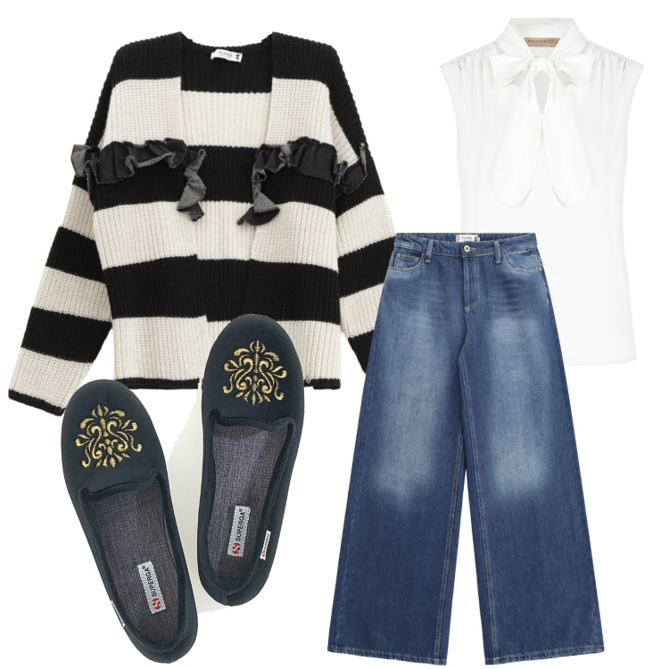 Outfit donna - Cardigan con dettaglio volant. Stile Minimal per Tutti i giorni. Abbinamento con top, cardigans, jeans, pantofole.