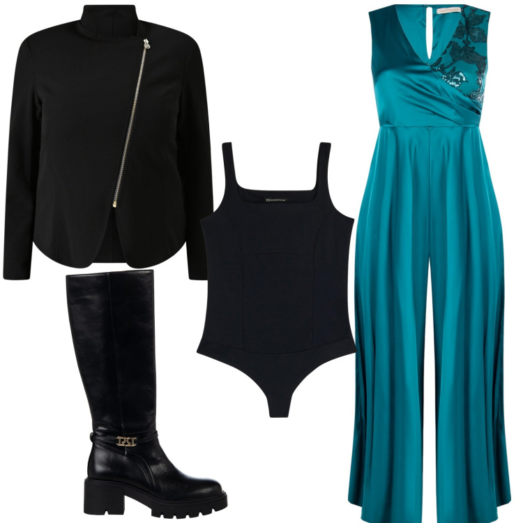 Outfit donna - La tuta curvy. Stile Minimal per Serata fuori. Abbinamento con stivali sopra il ginocchio, blazer, tute, body.