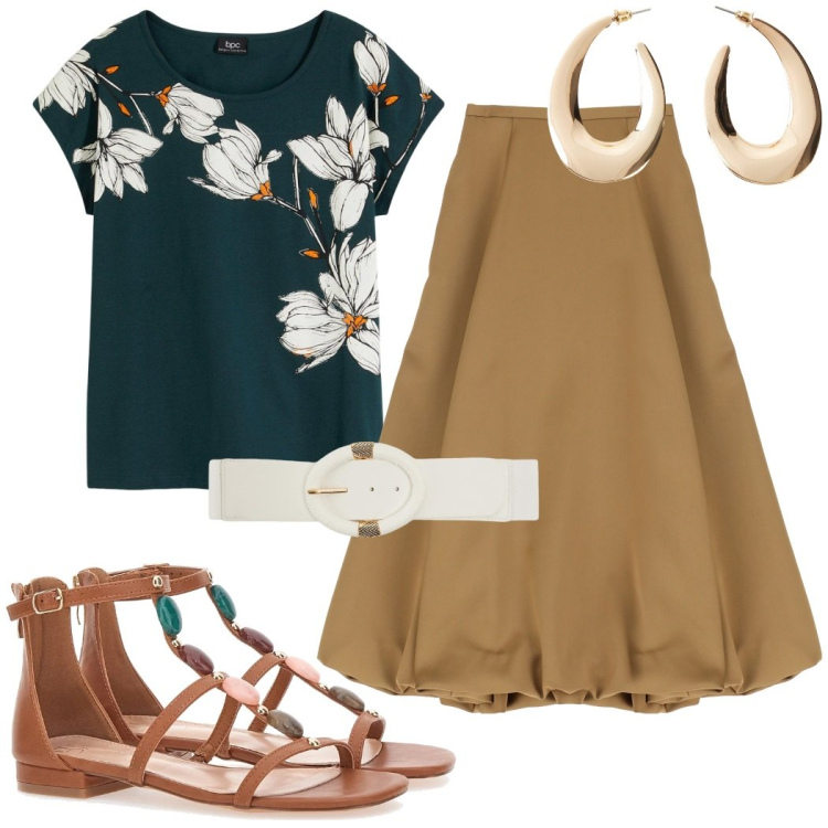 Outfit donna - Sandali bassi e gonna a palloncino. Stile Casual chic per Tutti i giorni. Abbinamento con t-shirt, orecchini, cinture, gonne longuette, sandali gioiello.