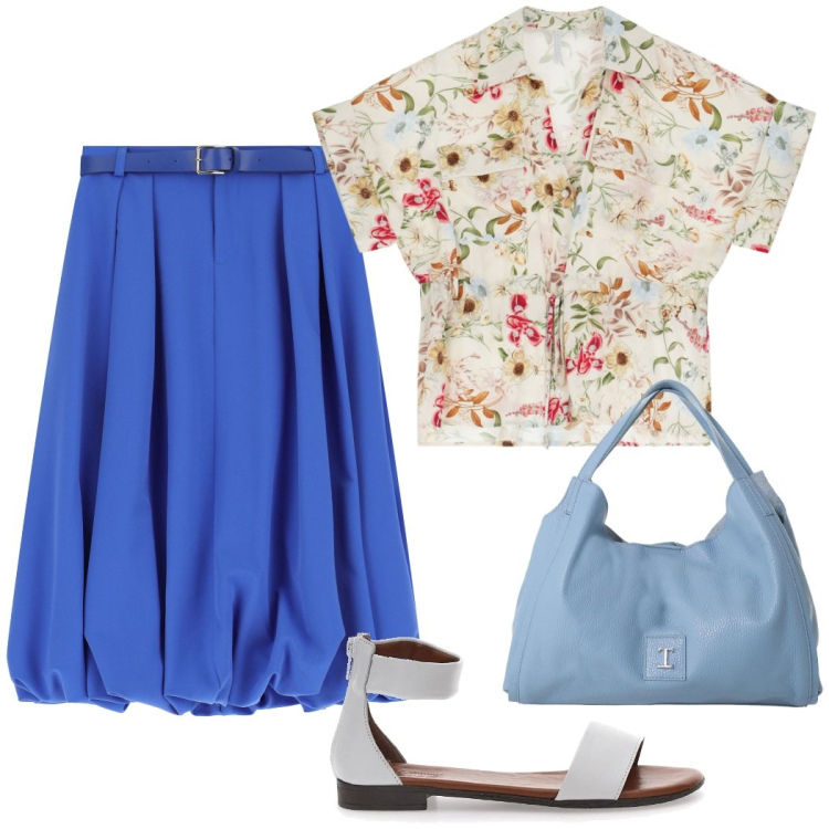 Outfit donna - Total look #2230265. Stile Casual chic per Ufficio. Abbinamento con gonne longuette, pochette, camicie a manica corta, sandali.