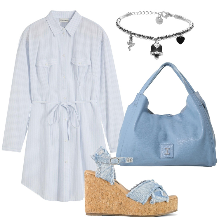 Outfit donna - Total look #2230274. Stile Casual chic per Tutti i giorni. Abbinamento con vestiti chemisier, pochette, braccialetti, zeppe.