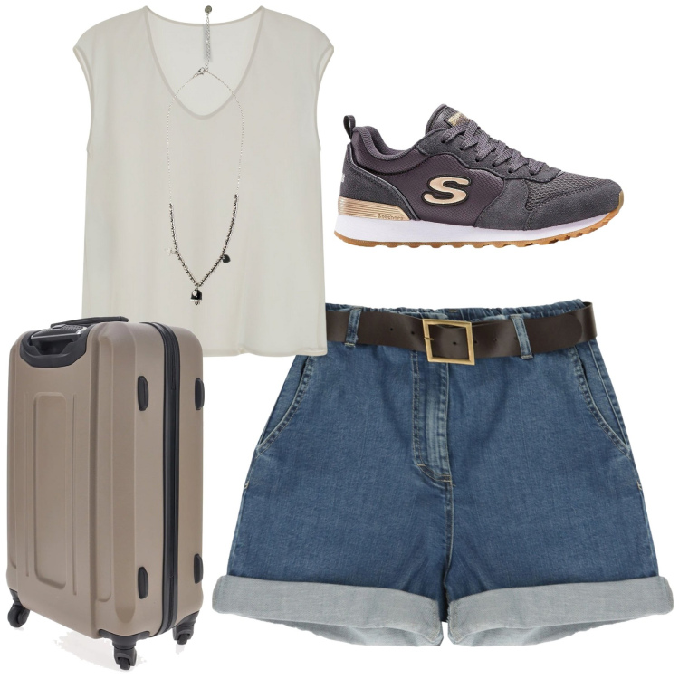 Outfit donna - Agosto. Stile Casual per Tutti i giorni. Abbinamento con sneakers, bermuda, top, ciondoli, valigie.