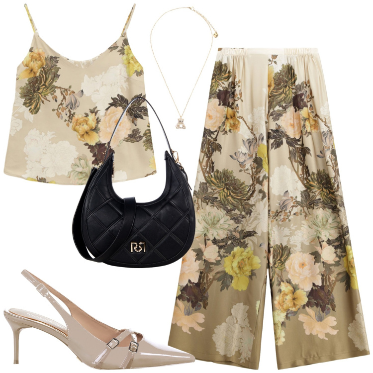 Outfit donna - Imperial. Stile Urban per Tutti i giorni. Abbinamento con décolleté, borse a tracolla, pantaloni a palazzo, top, ciondoli.
