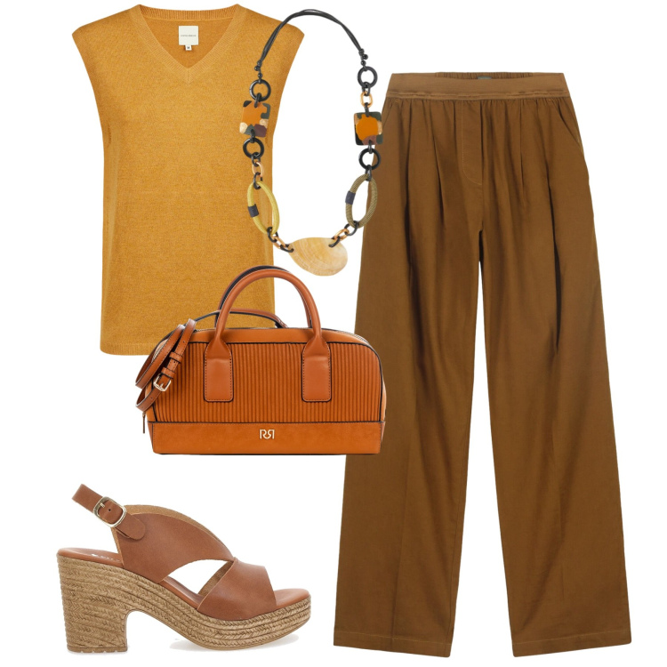 Outfit donna - City. Stile Urban per Tutti i giorni. Abbinamento con borse a mano, pantaloni, sandali in pelle, maglieria, collane.