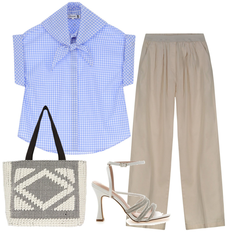 Outfit donna - Total look #2230278. Stile Bon Ton per Ufficio. Abbinamento con camicie a manica corta, sandali gioiello, shopping bag, pantaloni.